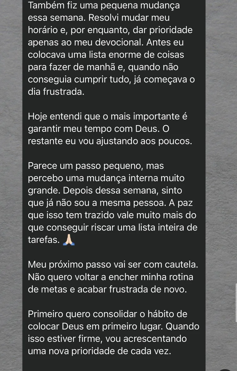 Depoimento sobre priorizar o devocional pela manhã: um passo pequeno que trouxe uma mudança interna muito grande.